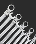 Go-To Universal Ratchet Spanner Set 6-24mm With Easy-Grip Wrench Kit For Car Repair And Home Maintenance displayed on a dark background.