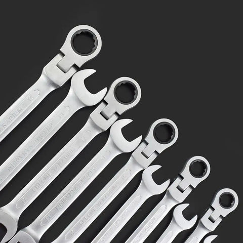 Go-To Universal Ratchet Spanner Set 6-24mm With Easy-Grip Wrench Kit For Car Repair And Home Maintenance displayed on a dark background.
