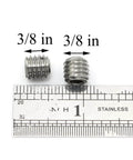 Two 3/8-16 stainless steel cup point socket set screws next to a ruler, highlighting size for automotive and DIY use.