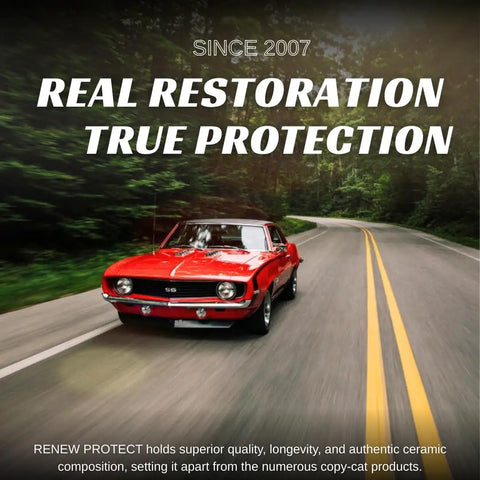 Turn Heads Rich Black Tire Shine And Trim Restorer With Ceramic Hybrid Shield on a vintage car in motion on a curvy road.