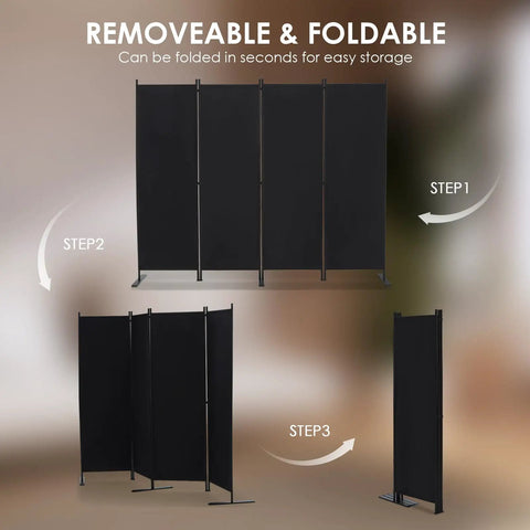 4 Panel Room Divider Freestanding Privacy Screen 6 Ft Folding Partition With Wide Feet Portable Black Steel Frame shown folding steps