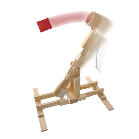 Build Your Own Catapult Kit With KEVA Planks And Glue A Totally Hands On Brain Boosting STEM Toy That Lets Kids Measure And Follow Directions And Be Creative While Launching Fun Contraptions. wooden catapult kit with red fabric pouch