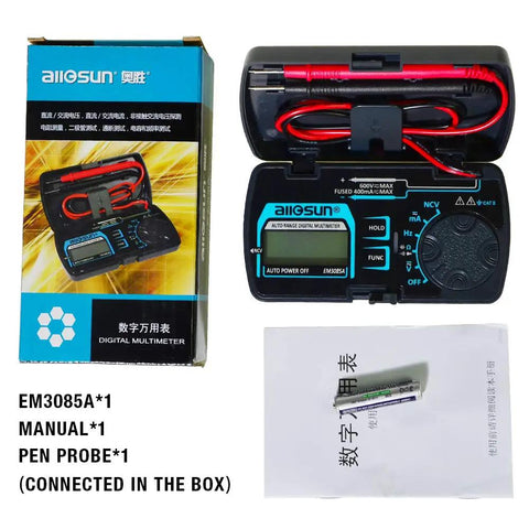 Auto Ranging Pocket Digital Multimeter, Tiny Handheld Travel Meter with accessories and packaging