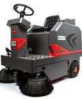 Badass 49 Inch Ride On Industrial Floor Sweeper Machine With 26 Gallon Hopper And Water Dust Control Tank Crushing 69000 Square Feet Per Hour For Warehouses Factories And Parking Lots Smooth Operator Design showing control panel and sweeping brushes.