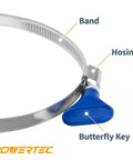 Close-up of POWERTEC 2-1/2 inch adjustable stainless steel hose clamp with blue butterfly key.