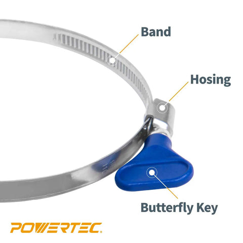 Close-up of 6 Inch Key Type Hose Clamp, showing blue butterfly key and stainless steel band, for dust collection and vent hoses.