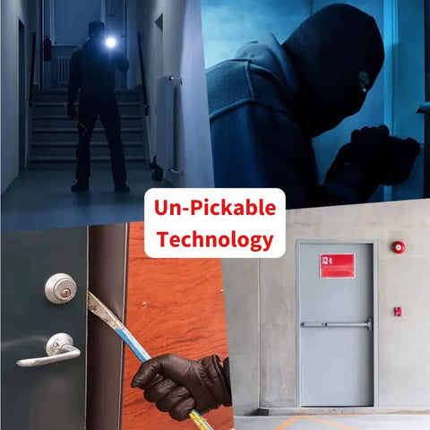 Collage with burglars and door, emphasizing Beefed Up Ultra Heavy Duty Door Lock With Keypad And Keyless Entry secure technology.