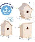 DIY Wooden Bird House Kit For Kids And Adults, Unfinished Birdhouses With Paint Strips, Brushes, Stickers And Strings, 3 Unique Shapes, 2 Sizes, Complete Arts And Crafts Set For Creative Home Projects showing 3 different shapes and dimensions