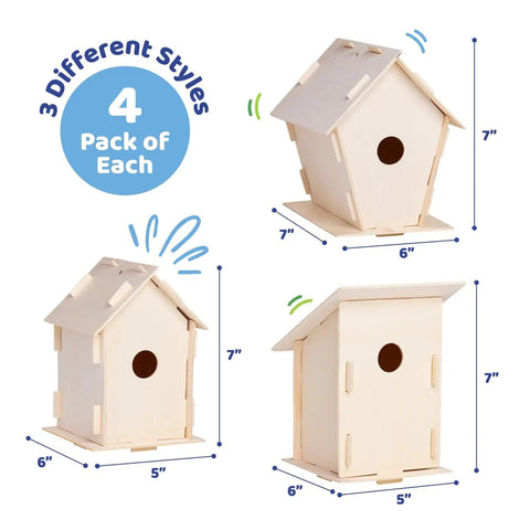 DIY Wooden Bird House Kit For Kids And Adults, Unfinished Birdhouses With Paint Strips, Brushes, Stickers And Strings, 3 Unique Shapes, 2 Sizes, Complete Arts And Crafts Set For Creative Home Projects showing 3 different shapes and dimensions