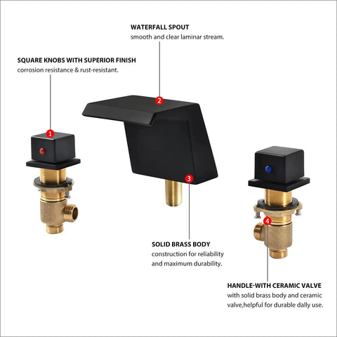 Matte Black Deck Mount Tub Faucet With Waterfall Spout, 3 Hole Roman Tub Filler Set, Two Handle Water Mixer, brass construction