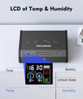 Biometric Pistol Safe With LCD Temperature Humidity Display on table showing temperature, humidity, time, and battery icons.