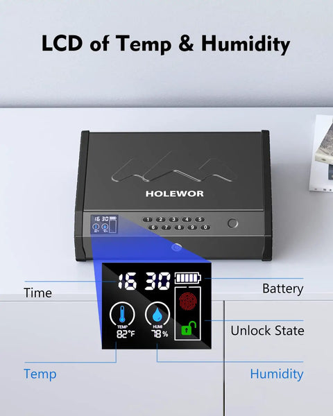 Biometric Pistol Safe With LCD Temperature Humidity Display on table showing temperature, humidity, time, and battery icons.