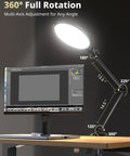 10 Inch Key Light For Streaming With Adjustable Desk Arm shown fully rotated above computer monitor on desk