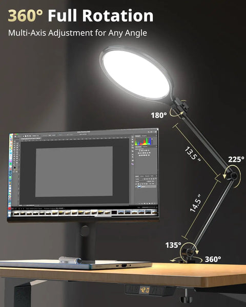 10 Inch Key Light For Streaming With Adjustable Desk Arm shown fully rotated above computer monitor on desk