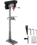 Heavy Duty 13 Inch Floor Drill Press With Variable Speed Control demonstrating adjustable speed, 7.5 amp motor, and cast iron base.