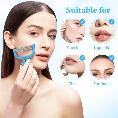 Woman using Facial Hair Epilator Spring Tool 3-Pack Painless No Fuss Root Remover for upper lip, chin, cheeks, forehead.