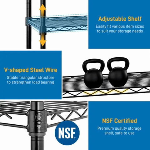 Five Tier Heavy Duty Storage Rack In Black 550 Lb Capacity Top Shelf Carbon Steel Workhorse Shelving features adjustable shelf and NSF certification.