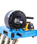 Badass Heavy Duty Hydraulic Hose Crimper With Seven Forged Steel Die Sets And Magnetic Quick Swap Molds For Lightning Fast One Thousand Kilonewton Tube Press Jobs, close-up view of crimper head