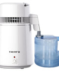 Heavy Duty Stainless Steel Countertop Water Stiller That Makes Up To Six Gallons Distilled Water Daily For Healthier Hydration Essential Oil Mixing And Plant Care With Durable Plastic Collection Container For Home Use, featuring white body and blue collection container.