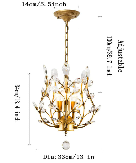 Three Light K9 Crystal Pendant Chandelier In Gold, Modern Glam Ceiling Light with 13 inch diameter, 39 inch adjustable cord.