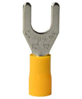 Close-up of Insulated Fork Spade Crimp Connectors Set 25 Pieces For 12-10 AWG Wires 4-6 mm2 with yellow PVC insulation