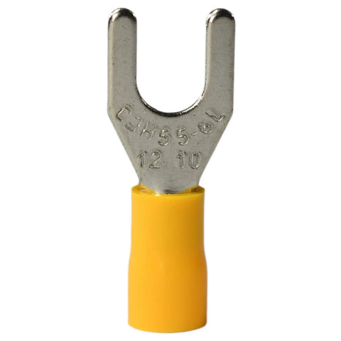Close-up of Insulated Fork Spade Crimp Connectors Set 25 Pieces For 12-10 AWG Wires 4-6 mm2 with yellow PVC insulation