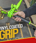Hi Viz Green Beefy Heavy Duty Folding Handle Ratchet Load Binder With Grab Hook 7100 Lbs WLL held in hand on metal surface