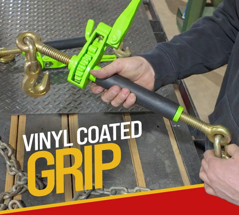 Hi Viz Green Beefy Heavy Duty Folding Handle Ratchet Load Binder With Grab Hook 7100 Lbs WLL held in hand on metal surface