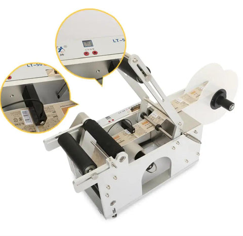 Heavy Duty Semi Automatic Labeling Machine For Round Plastic, Glass, And Metal Bottles with precision sensor and aluminum body.