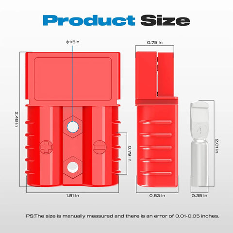 Dimensions of Anderson Quick Connect 120A Red Plug Kit for 2-6 AWG Battery Cables, showing length and width.