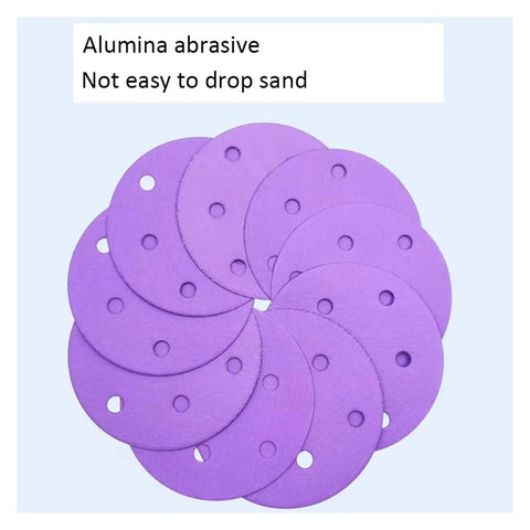 100 Pack 5 Inch 6Hole Alumina Sanding Discs With Super Sticky Hook And Loop Backing Ceramic Abrasive Pads For Metal Wood Projects Fast Dust Venting Design grip tight in purple color