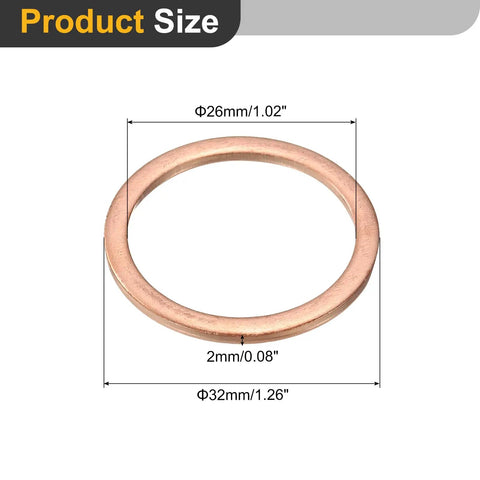 Rock Solid M26 Copper Flat Washers, 8 Piece Pack Featuring 32mm Outside Diameter And 2mm Thickness, showing dimensions in 26mm inner diameter.
