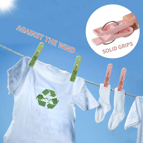 No Mess Plastic Clothes Pins 48 Pack Heavy Duty Workhorse Colored Laundry Clips on clothes line holding a t-shirt and socks.