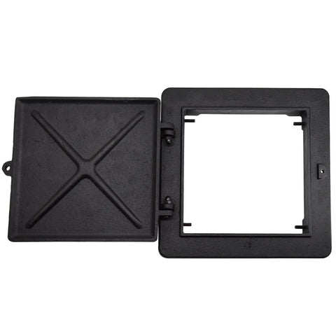 Tough As Nails Cast Iron Fireplace Chimney Cleanout Door 8 By 8 Inch Ash Dump Cover with open lid showing embossed design.