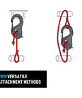 CamJam XT Aluminum Rope Tightener Large With Carabiner Clip shown with two versatile attachment methods for quick tie downs
