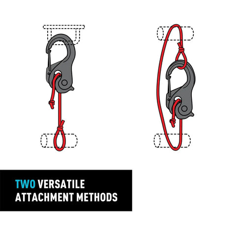 CamJam XT Aluminum Rope Tightener Large With Carabiner Clip shown with two versatile attachment methods for quick tie downs