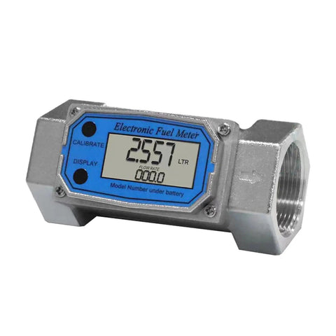 Close-up of 2 Inch Digital Turbine Flow Meter With NPT Thread for Water and Fuels, LCD display showing reading in liters, blue face.