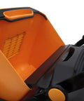 Industrial Push Broom Walker With Dual Steel Handles And Roomy Hopper's open orange hopper for easy debris collection.