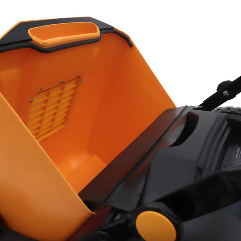 Industrial Push Broom Walker With Dual Steel Handles And Roomy Hopper's open orange hopper for easy debris collection.