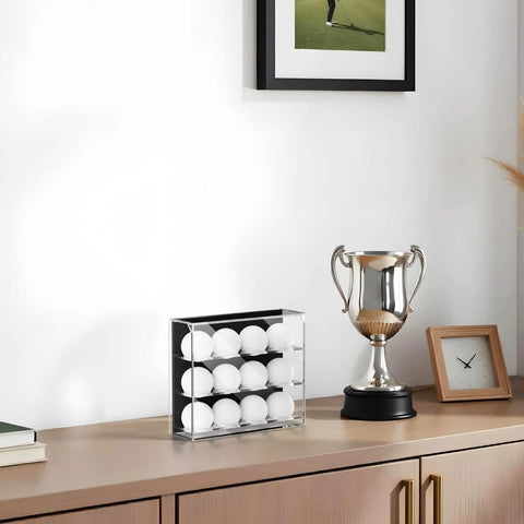Wall Mount Acrylic Golf Ball Display Case With 3 Tiers Holds 12 Balls, Clear Showpiece Storage Box on wooden cabinet with trophy.