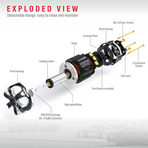 Exploded view of 540 V6 Sensored Brushless RC Motor 21.5T For 1 By 10 Scale RC Racing Cars, Beefy Torque And Efficiency, 3.175mm Shaft.