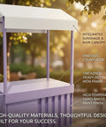 Outdoor Mobile Food Cart With Awning Portable Rolling Vending Station For Side Hustlers Pop Up Fairs, featuring a spacious purple countertop and rain canopy.