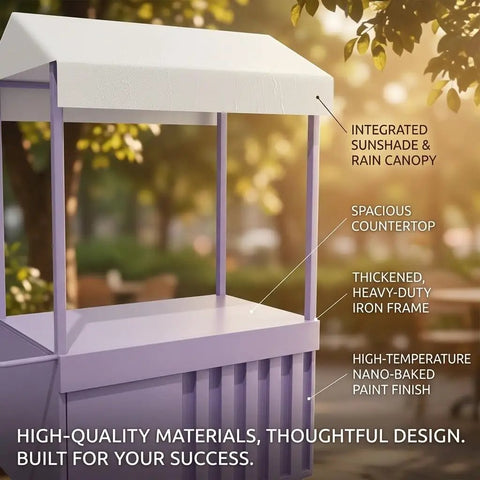 Outdoor Mobile Food Cart With Awning Portable Rolling Vending Station For Side Hustlers Pop Up Fairs, featuring a spacious purple countertop and rain canopy.