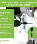 Greenlee DTAPKIT 6-Piece drill/tap/countersink kit for metal with quick-change adaptor; front view