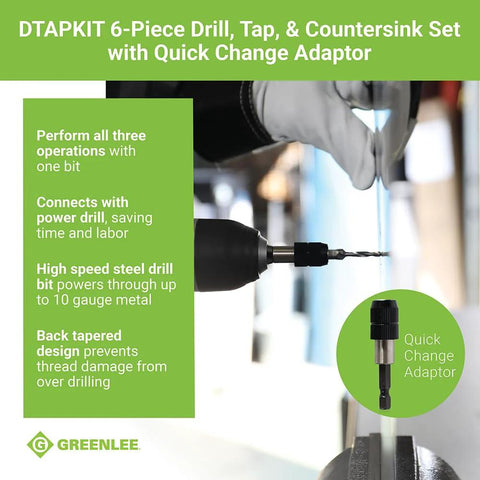 Greenlee DTAPKIT 6-Piece drill/tap/countersink kit for metal with quick-change adaptor; front view