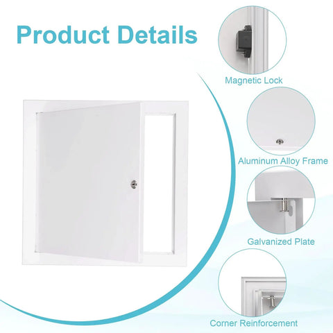 Knockout 13X13 Inch Drywall Access Panel With Sturdy Aluminum Frame And Reliable Cam Latch Lock Built Tough Wall And Ceiling Hole Cover In Clean White showcasing magnetic lock and corner reinforcements.