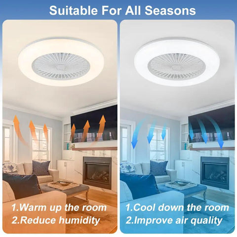 Slick Bladeless Flush Mount Ceiling Fan With Light, 22 Inch, in room showing seasonal airflow adjustments for comfort.