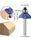 Pro Grade Bevel Edge Router Bit Set 4Pcs One Quarter Inch Shank 45 Degree Chamfer Bits With Top Bearing dimensions and cut example