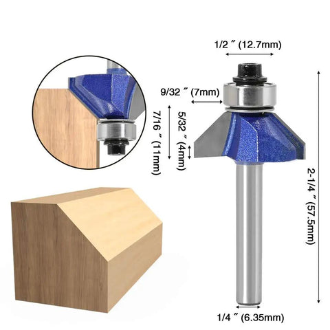 Pro Grade Bevel Edge Router Bit Set 4Pcs One Quarter Inch Shank 45 Degree Chamfer Bits With Top Bearing dimensions and cut example