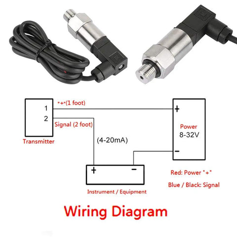 Rugged Go-To Pressure Transducer With 4-20mA Output, G1/4 Inch Thread, Wiring Diagram and Connections Display